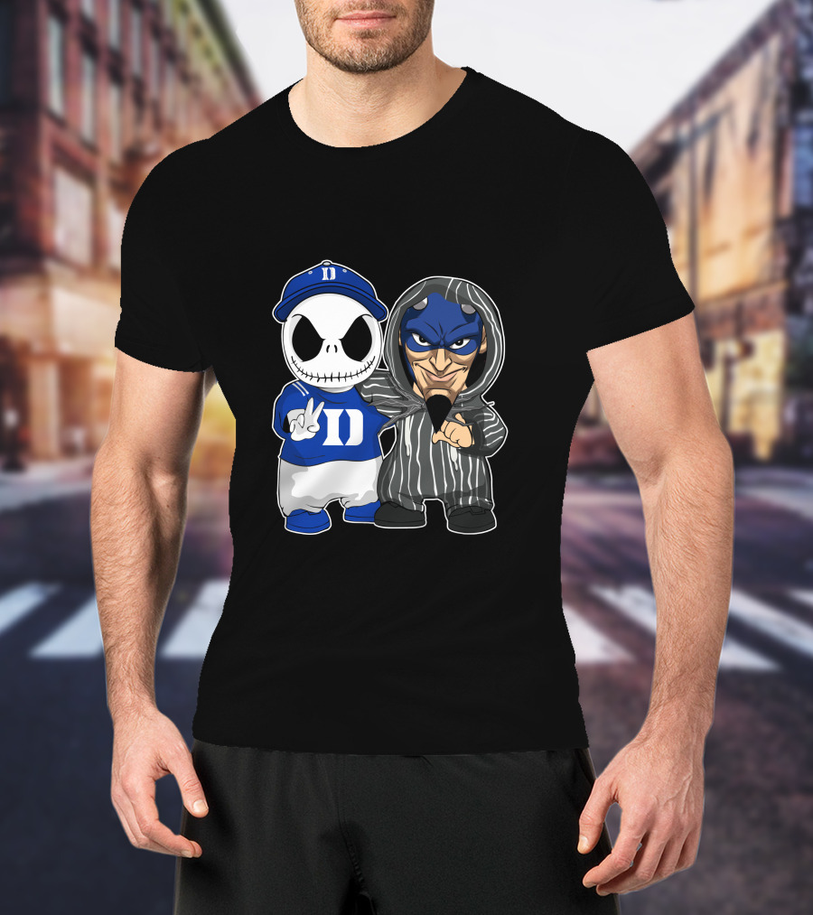 Duke Blue Devils Jack Skellington And Character In Striped T-Shirt