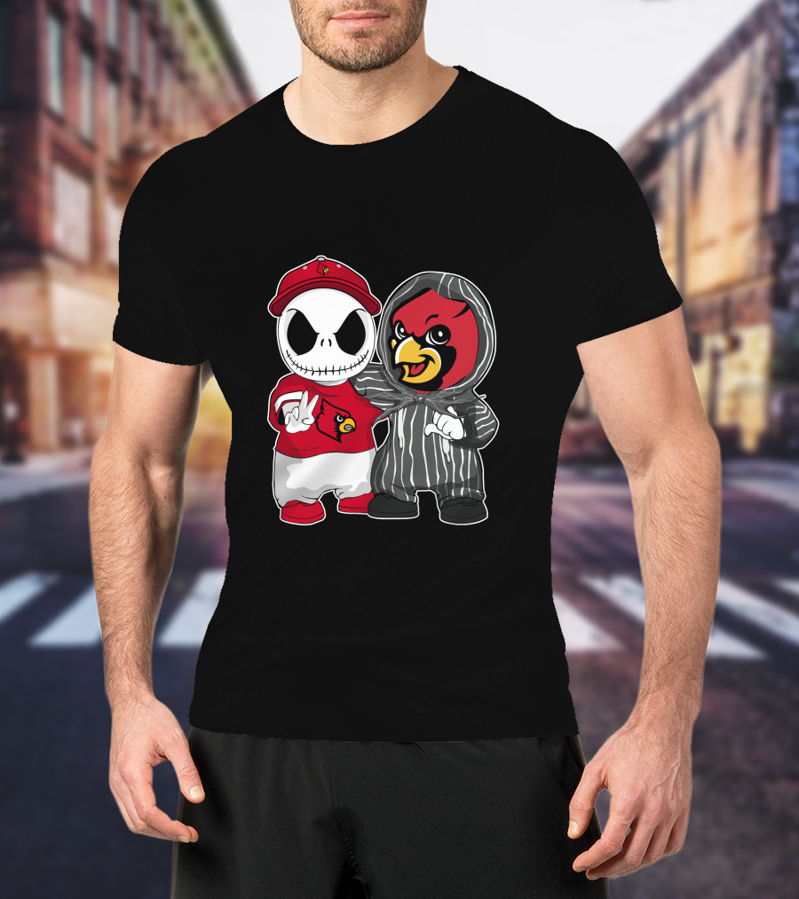 Louisville Cardinals Jack Skellington And Cardinal Mascot Duo T-Shirt