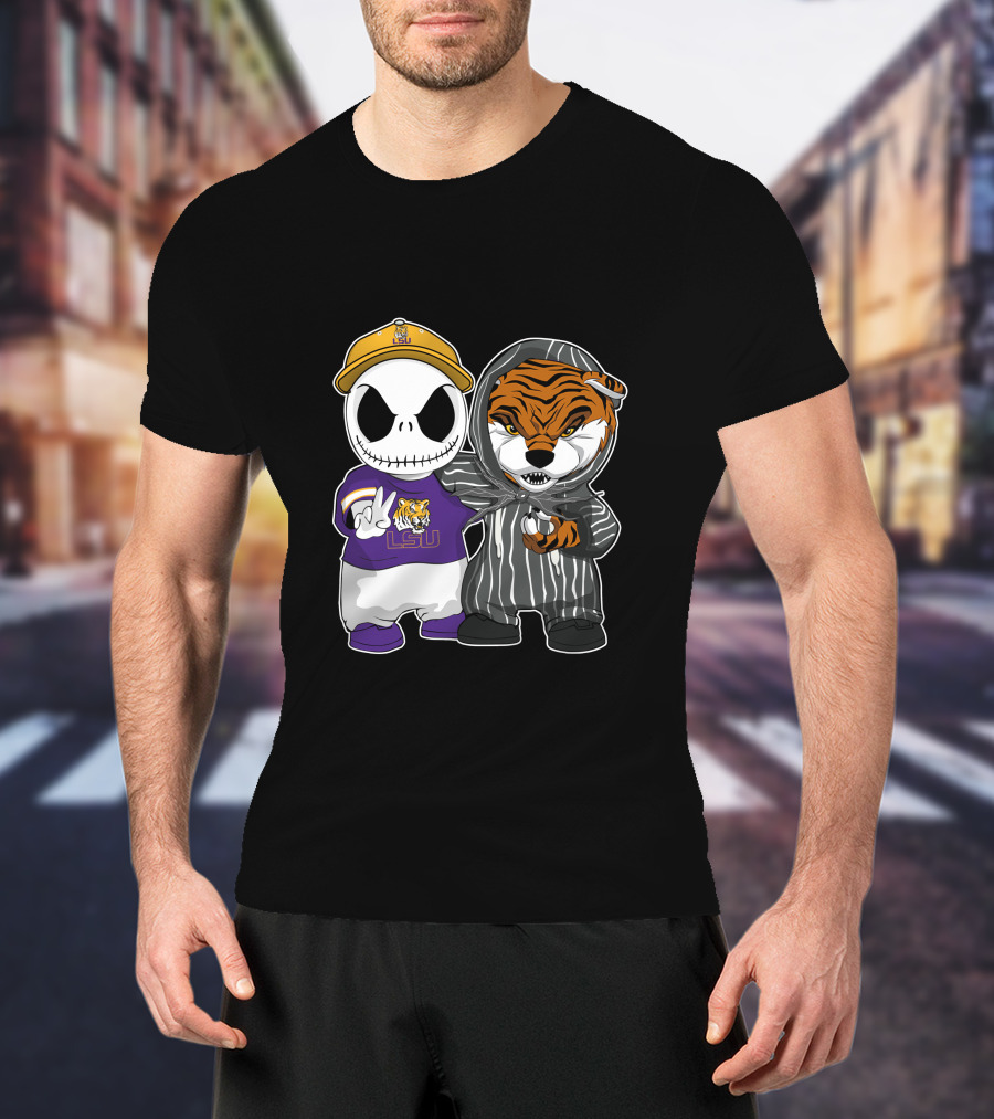 LSU Tigers Jack Skellington And Tiger Mascot Crossover T-Shirt