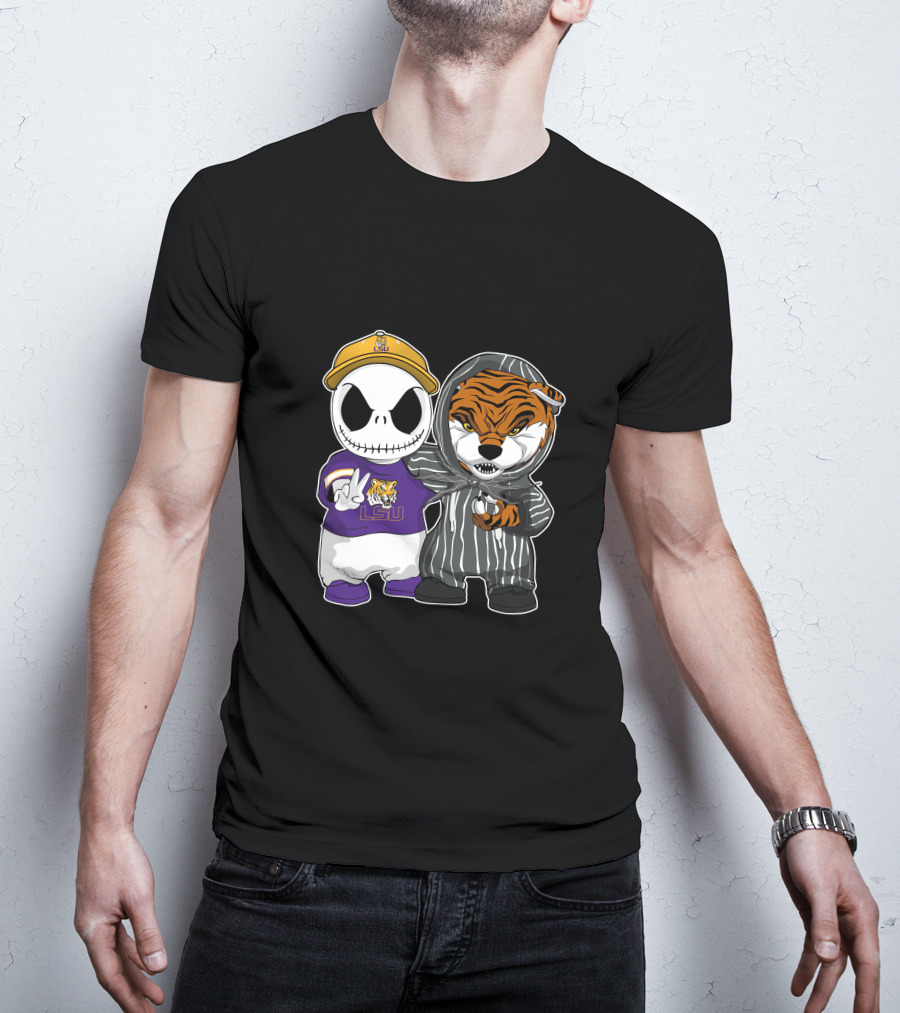 LSU Tigers Jack Skellington And Tiger Mascot Crossover T-Shirt