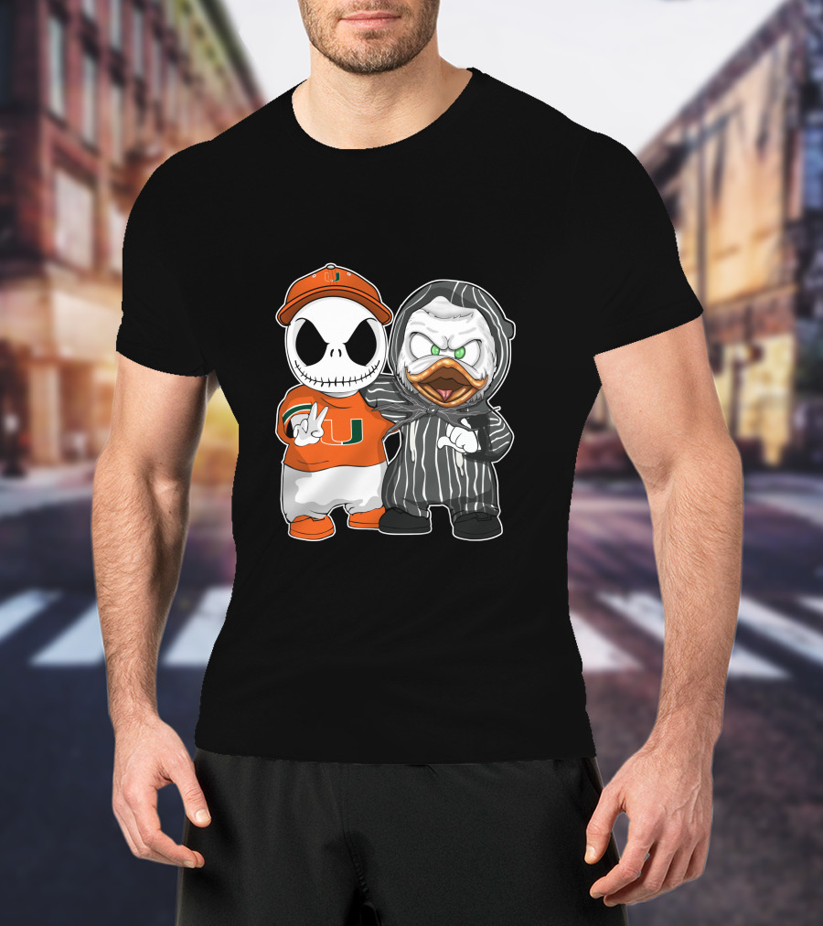 Miami Hurricanes Jack Skellington Oregon Ducks Crossover T-Shirt
