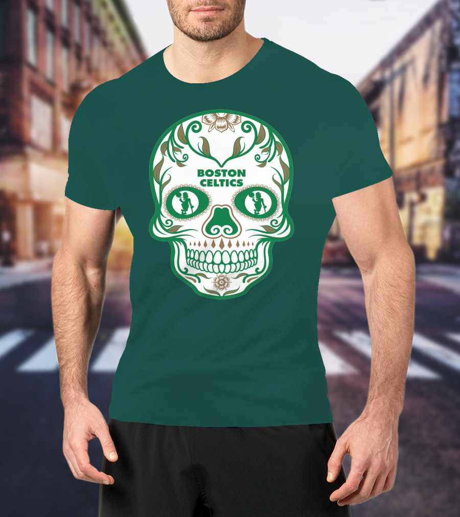 Boston Celtics Skull With Celtic Symbols And Basketball Mascot T-Shirt