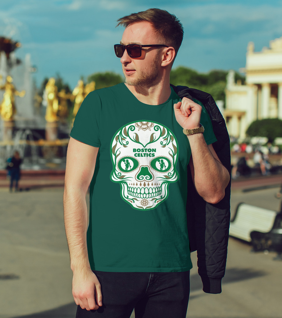 Boston Celtics Skull With Celtic Symbols And Basketball Mascot T-Shirt