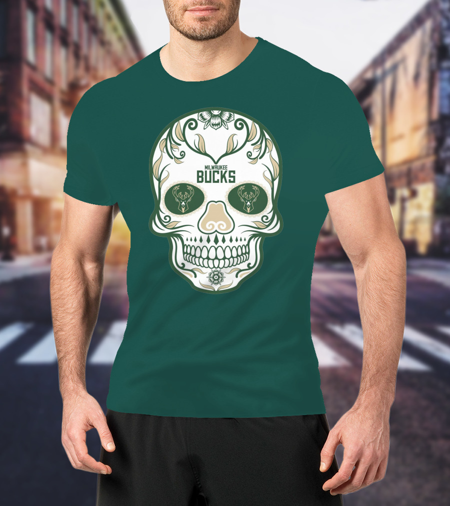 Milwaukee Bucks Skull Deer Logo Floral T-Shirt