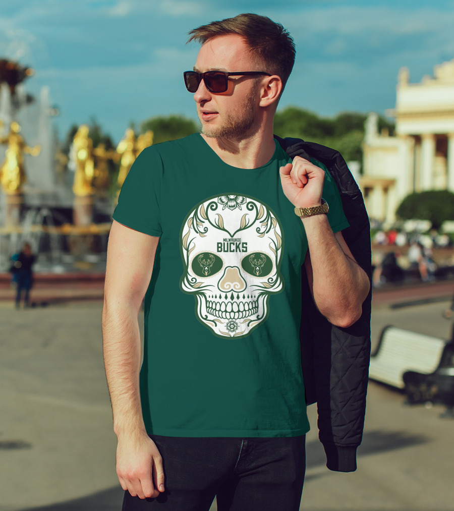 Milwaukee Bucks Skull Deer Logo Floral T-Shirt