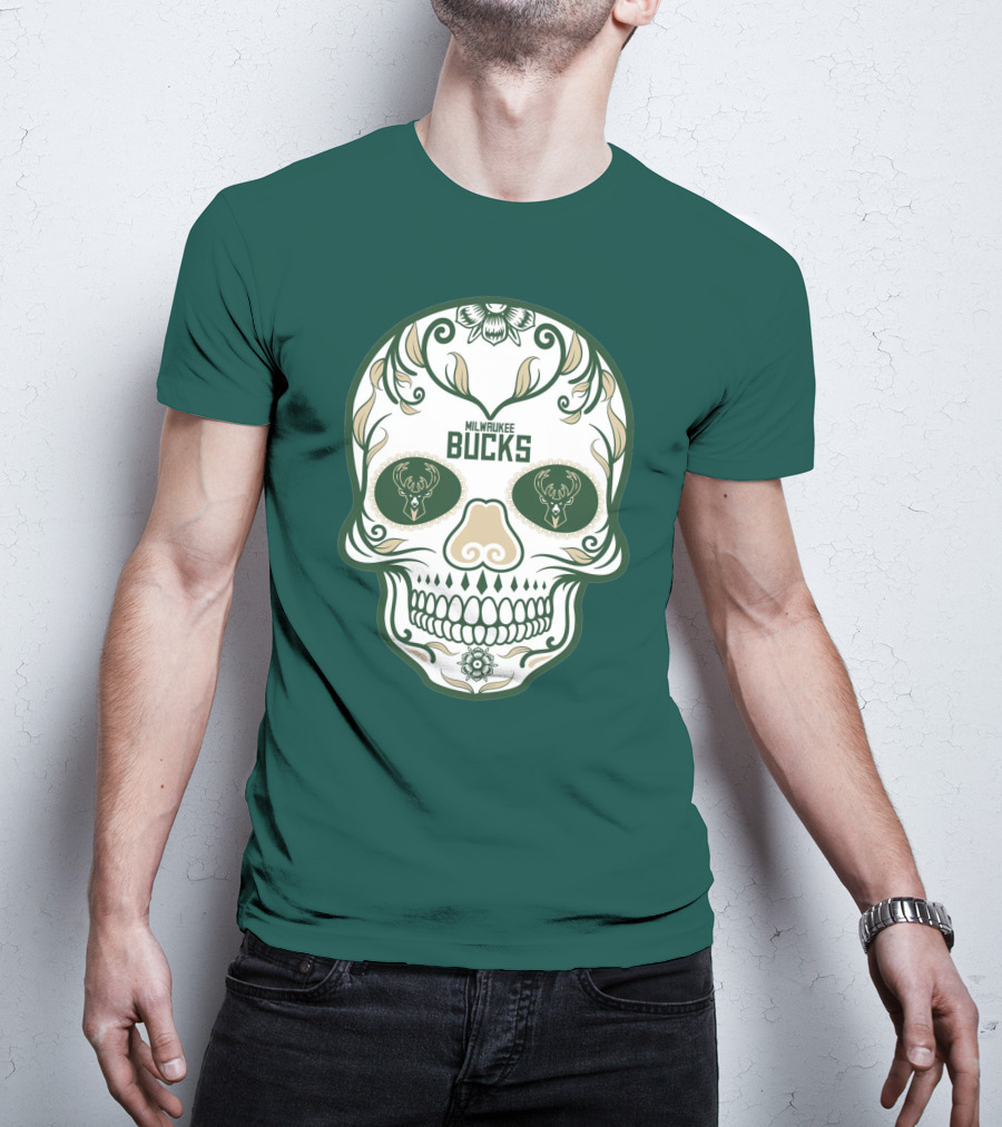 Milwaukee Bucks Skull Deer Logo Floral T-Shirt
