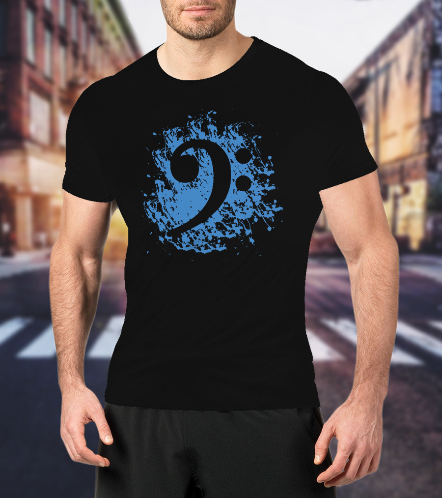 Bass Clef On Blue Splatter Background T-Shirt
