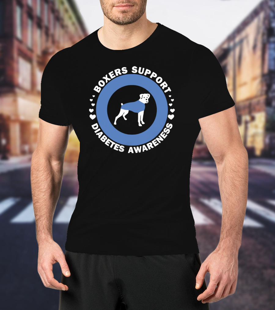 Boxers Support Diabetes Awareness With Heart Symbols And Boxer In Blue Circle T-Shirt