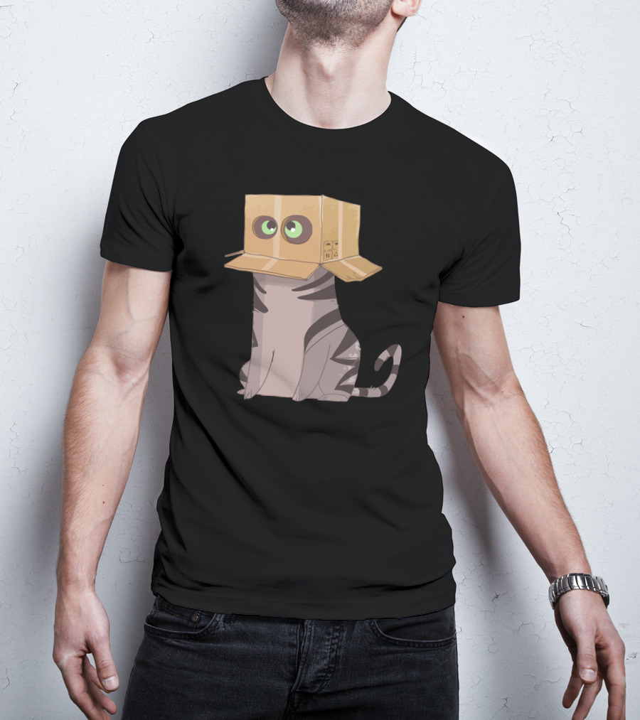 Cat In The Box With Big Eyes Wearing Cardboard Hat T-Shirt