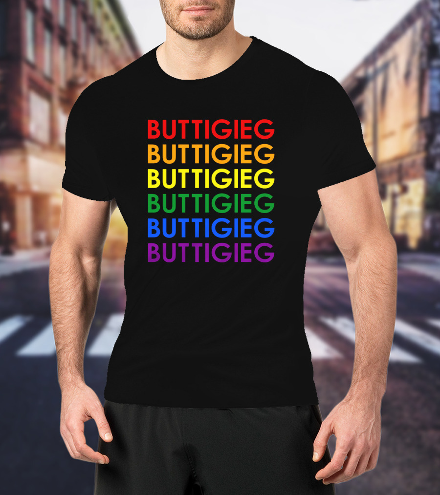 BUTTIGIEG Rainbow Pride Colors Text T-Shirt