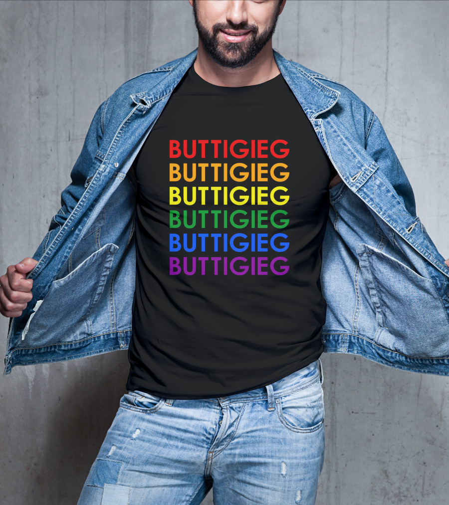 BUTTIGIEG Rainbow Pride Colors Text T-Shirt