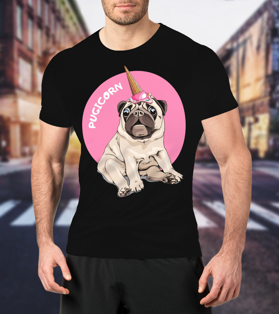 Pugicorn Ice Cream Cone Hat Sitting Pug Pink Circle T-Shirt
