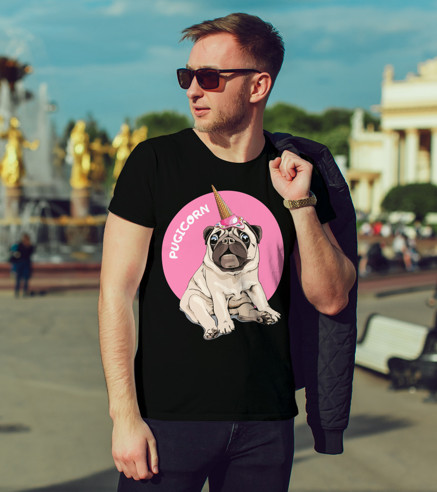 Pugicorn Ice Cream Cone Hat Sitting Pug Pink Circle T-Shirt