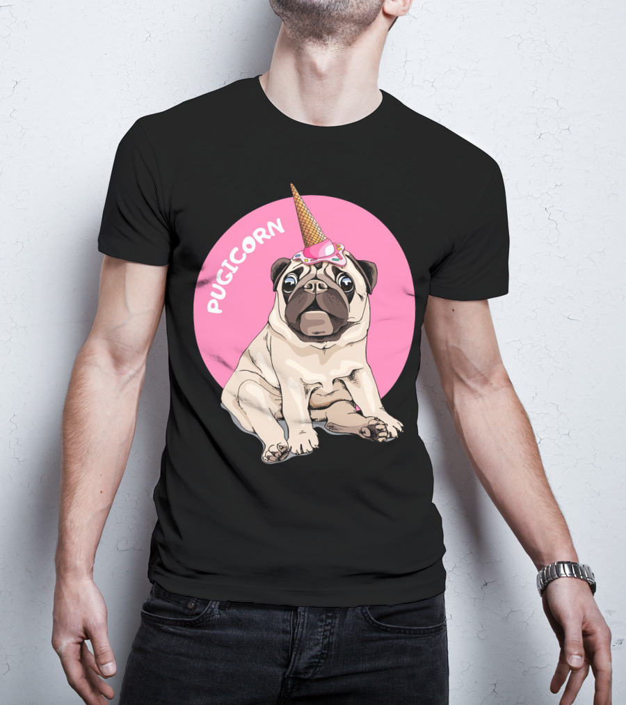 Pugicorn Ice Cream Cone Hat Sitting Pug Pink Circle T-Shirt