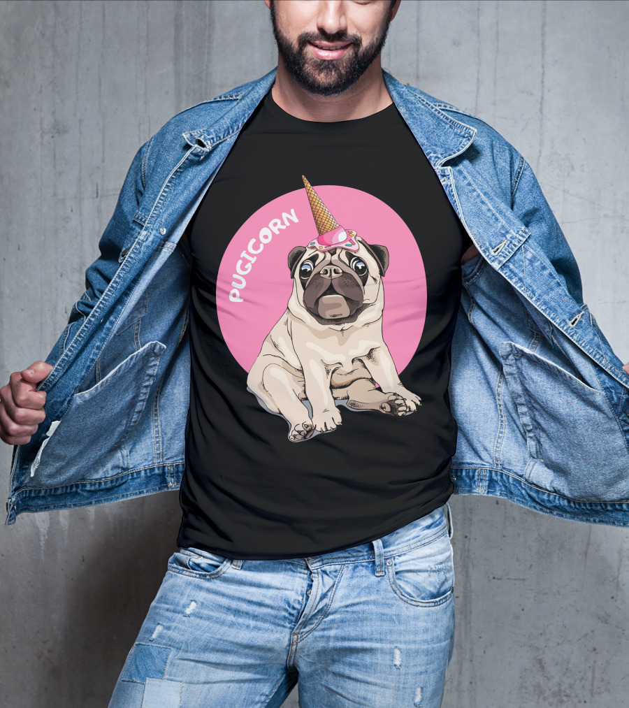 Pugicorn Ice Cream Cone Hat Sitting Pug Pink Circle T-Shirt
