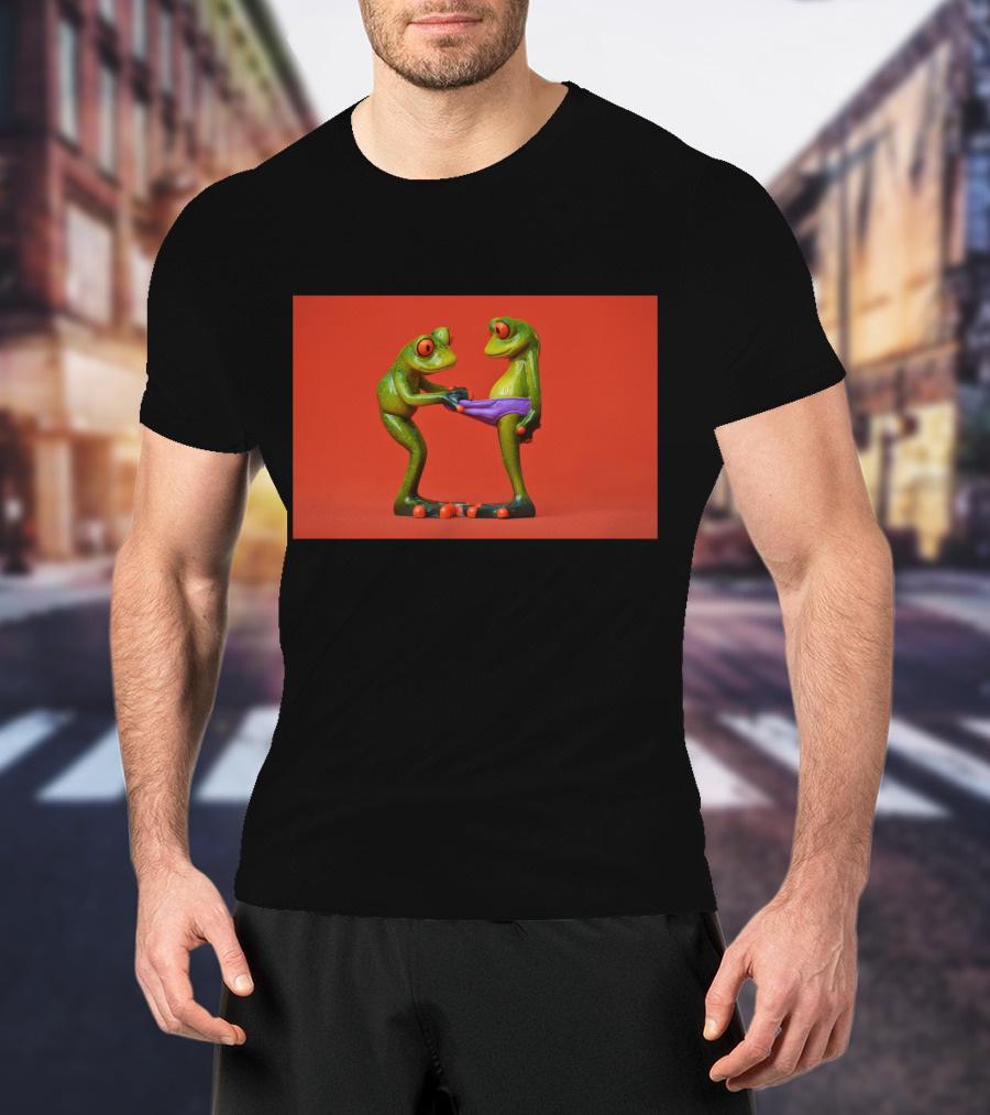 Quite Frog Green Figurines On Red Background With Purple Shorts T-Shirt