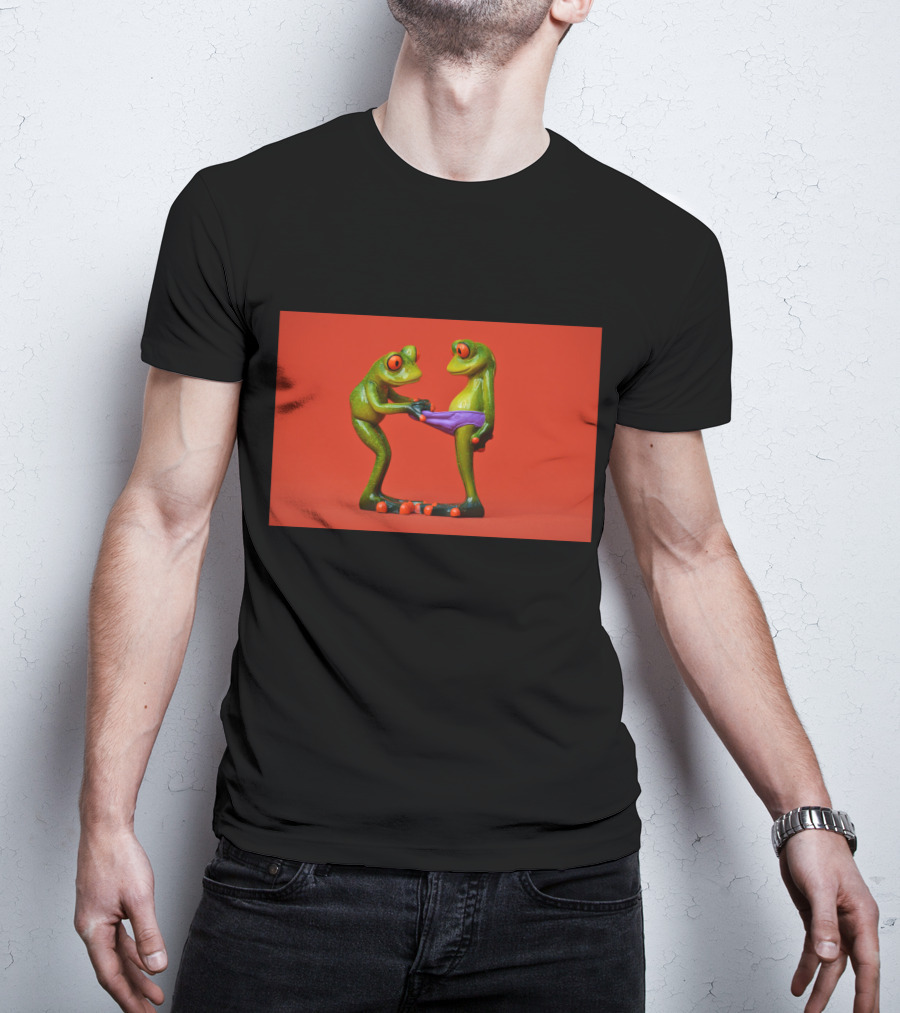 Quite Frog Green Figurines On Red Background With Purple Shorts T-Shirt