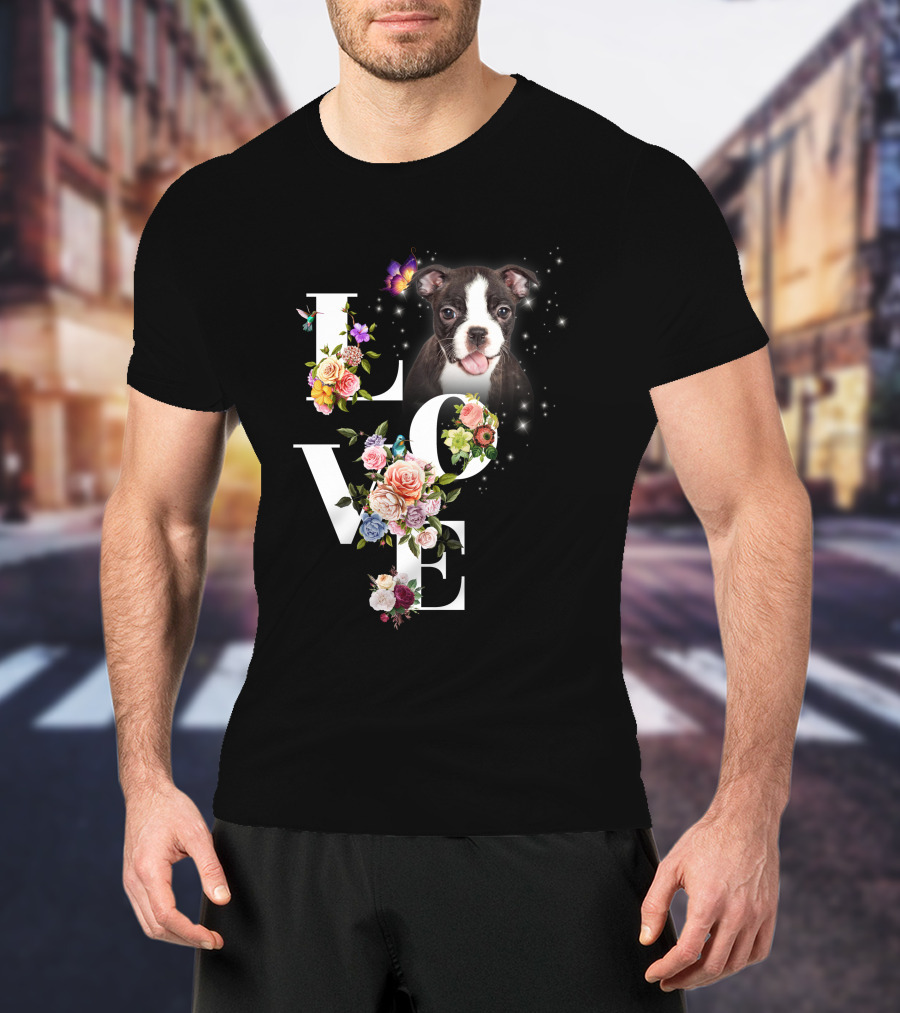 LOVE Boston Terrier Floral Butterfly T-Shirt