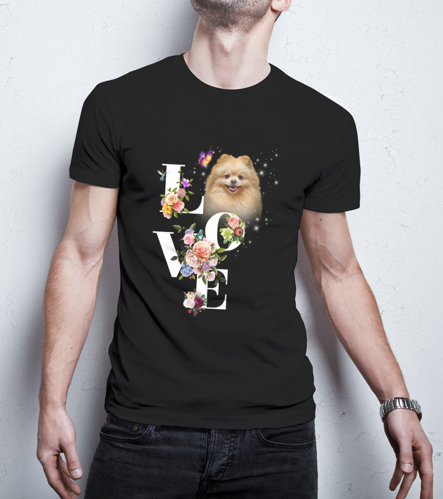 LOVE Pomeranian With Flowers And Butterfly T-Shirt