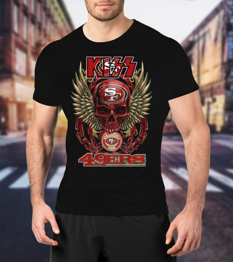 Kiss Nfl San Francisco 49ers Skull With Wings And Chains Football Theme T-Shirt