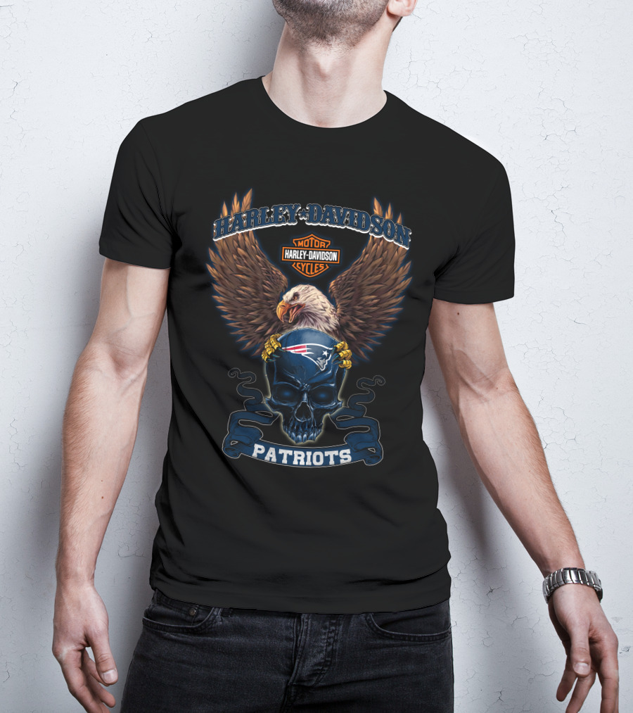 Harley Davidson Motor Cycles Patriots Eagle Skull Nfl New England Patriots T-Shirt