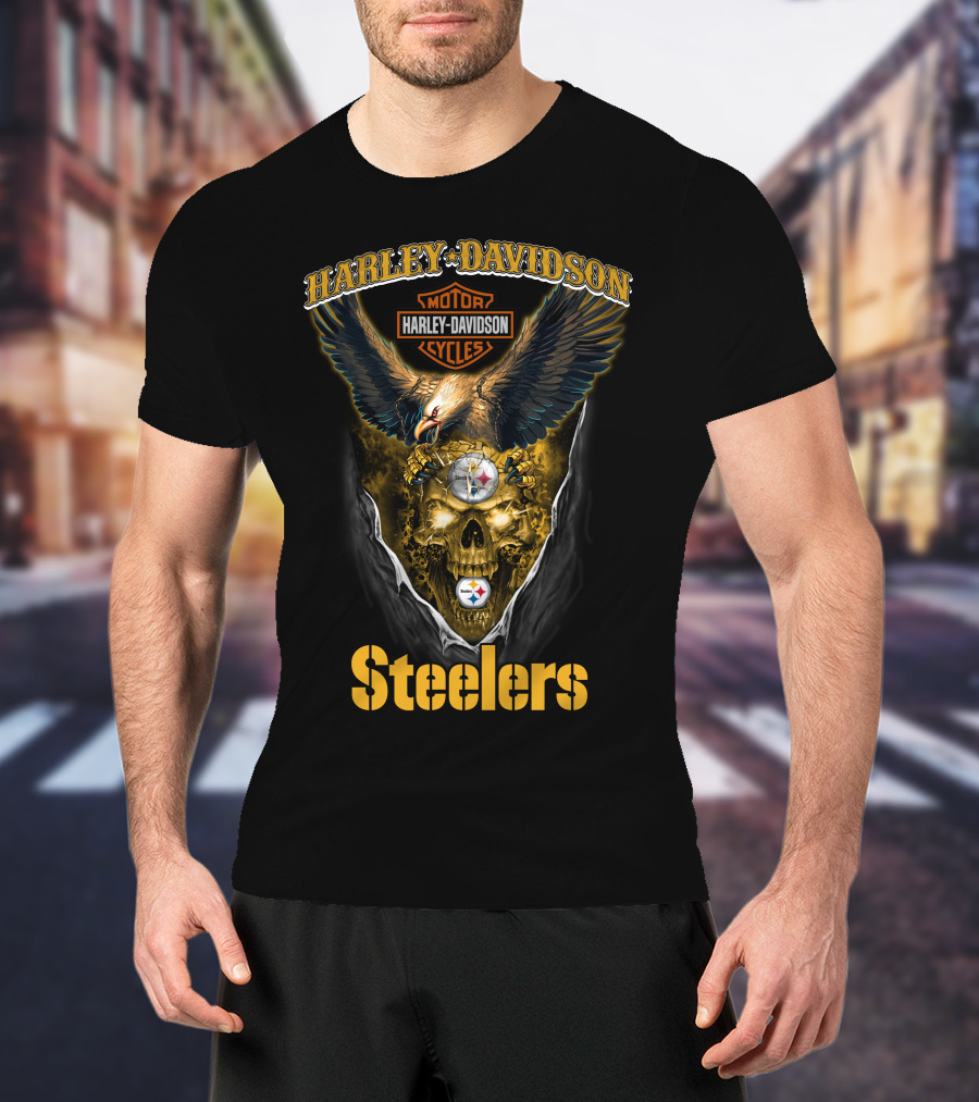 Harley Davidson Motor Cycles Pittsburgh Steelers Eagle Skull Nfl T-Shirt