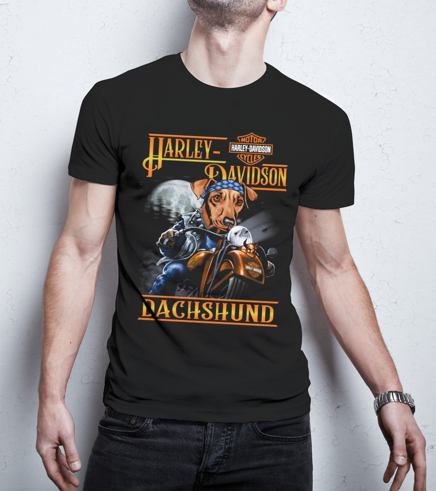 Harley Davidson Dachshund Motorcycle Rider Moon T-Shirt