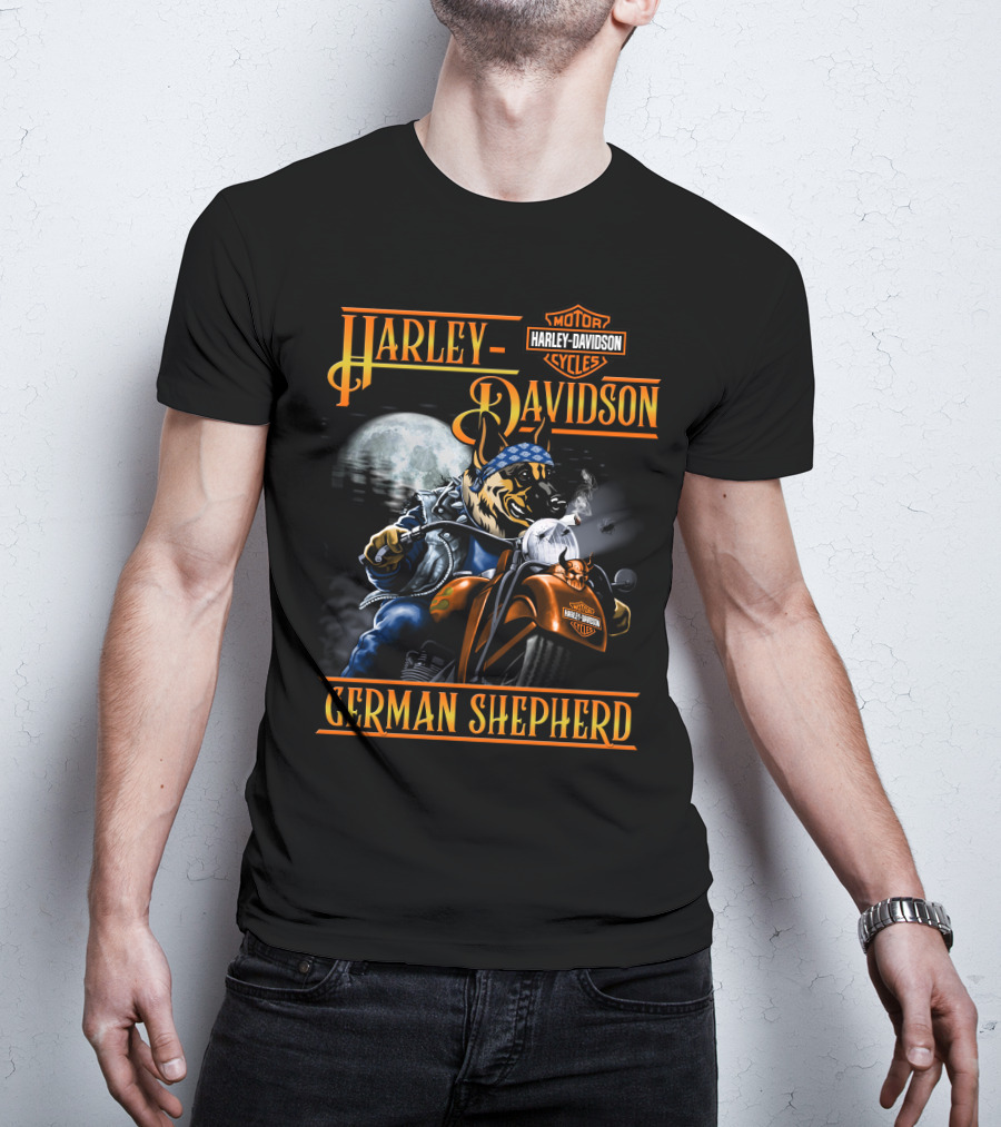 Harley Davidson Motor Cycles German Shepherd Riding Motorcycle Full Moon T-Shirt