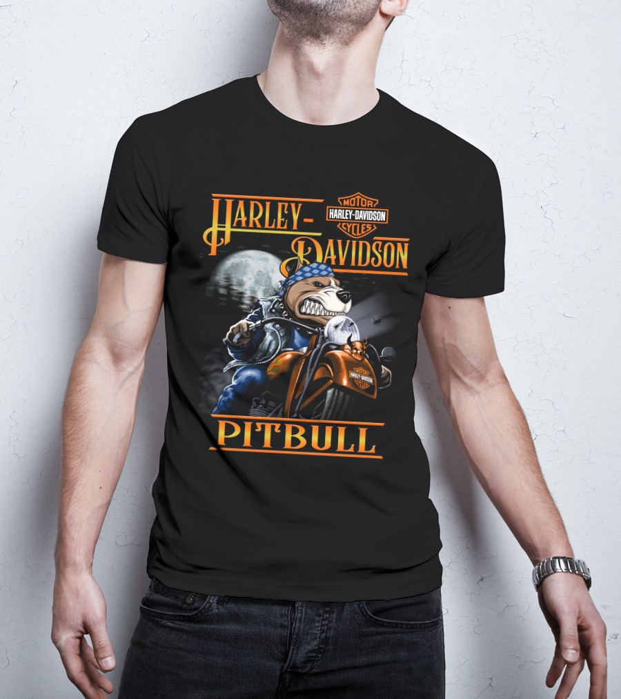 Harley Davidson Pitbull Motorcycle Rider Under Moonlight T-Shirt