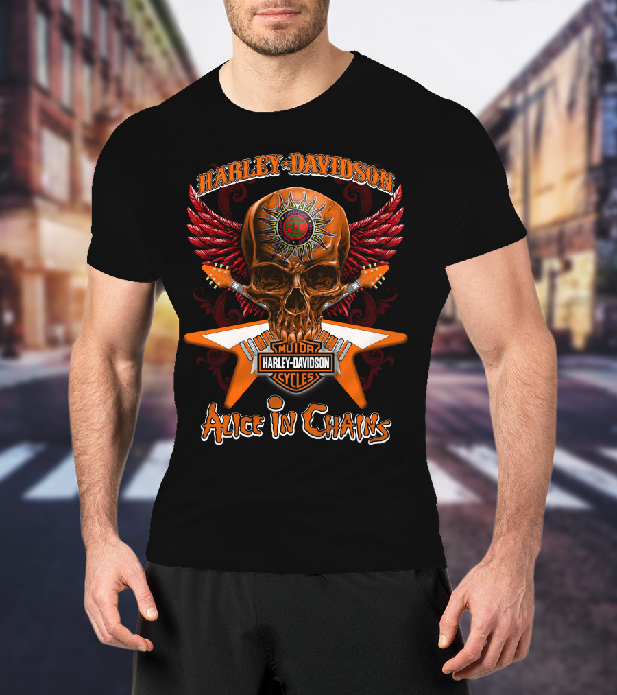 Harley Davidson Motor Cycles Skull Wings Alice In Chains T-Shirt
