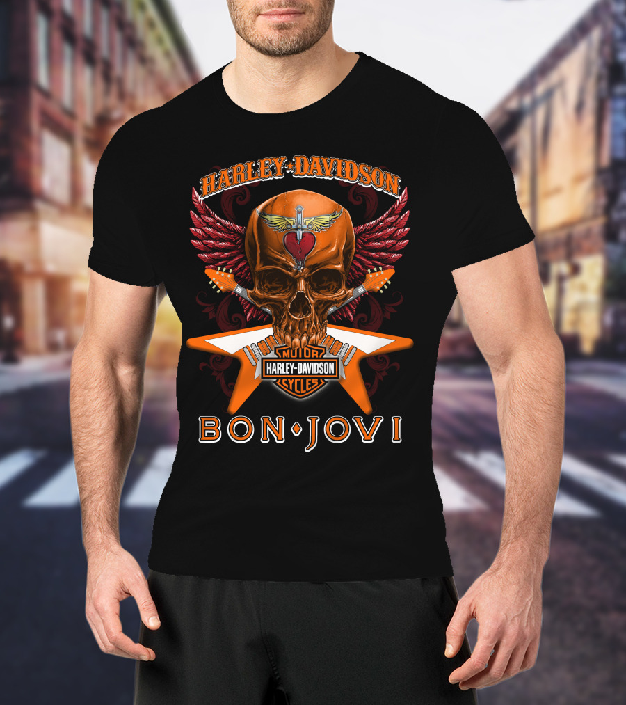Harley Davidson Bon Jovi Skull Wings Guitar Cycles T-Shirt