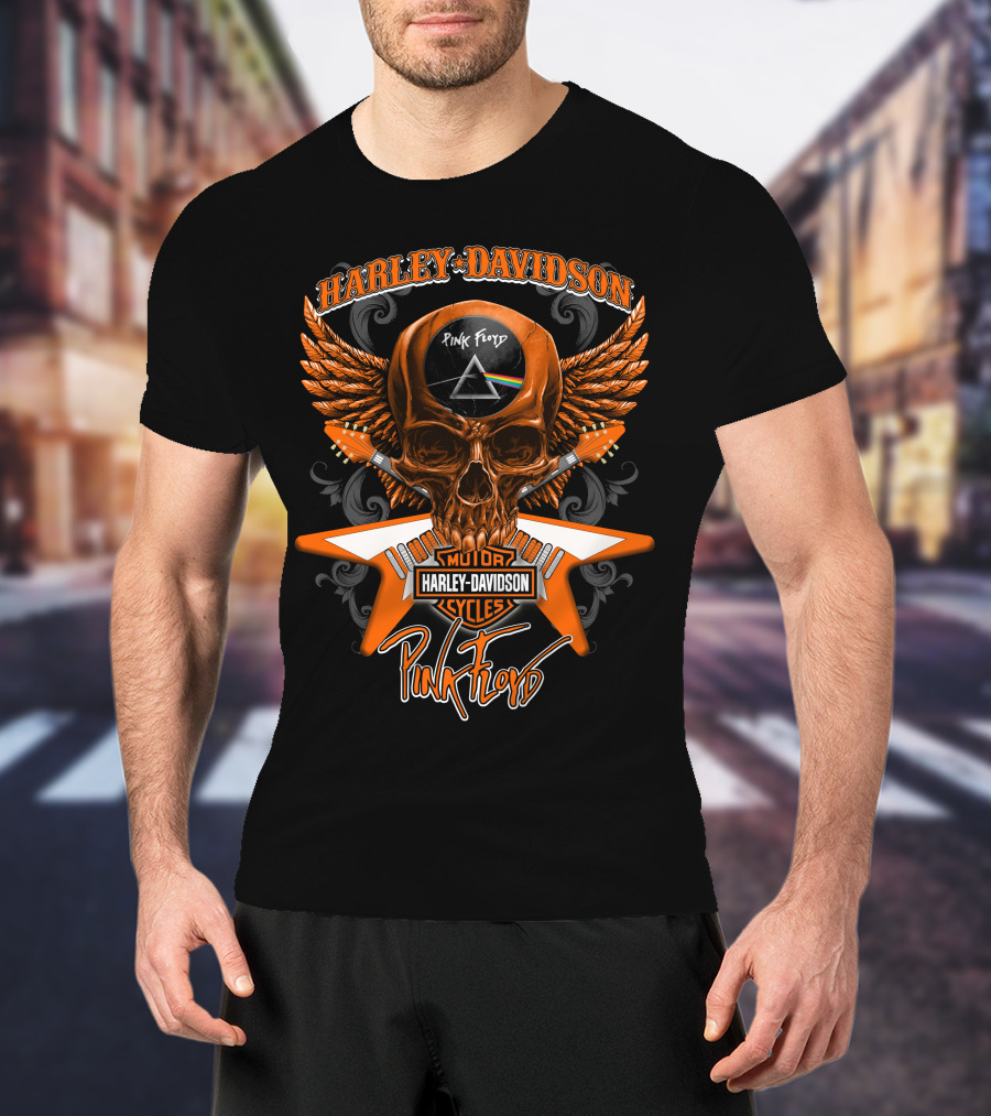 Harley Davidson Pink Floyd Skull Design With Prism And Wings T-Shirt