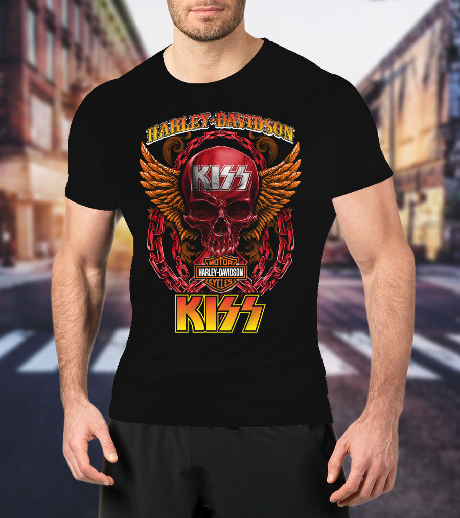 Harley Davidson Motorcycles Kiss Skull Wings Chains T-Shirt