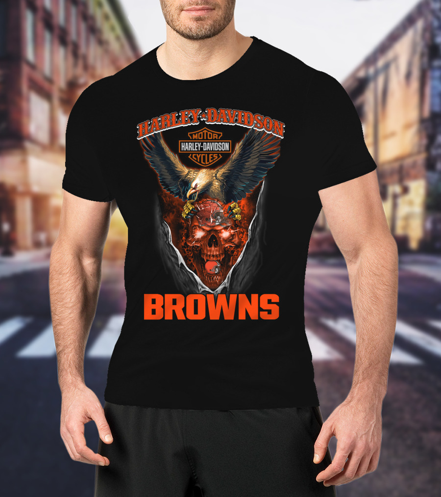 Harley Davidson Cleveland Browns Eagle Skulls Cycles T-Shirt