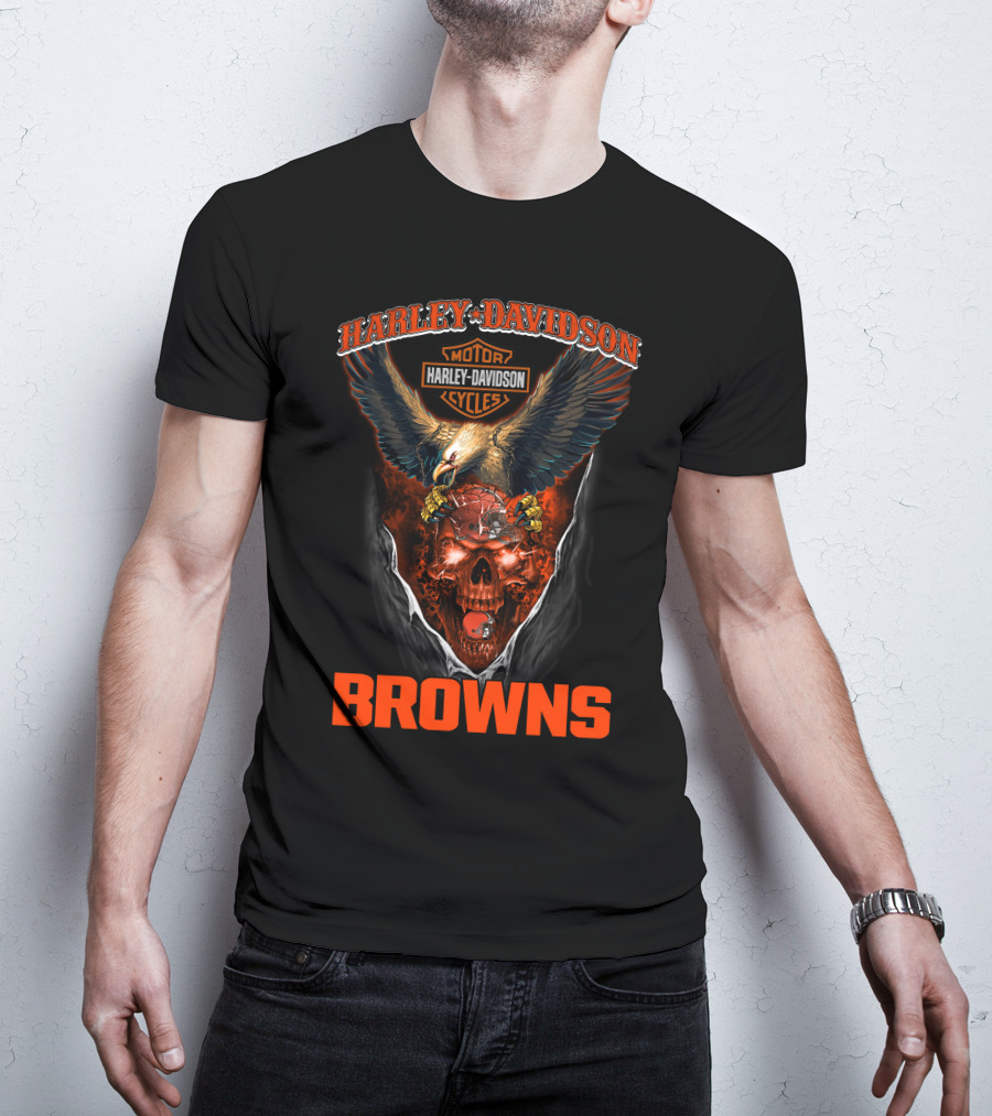 Harley Davidson Cleveland Browns Eagle Skulls Cycles T-Shirt
