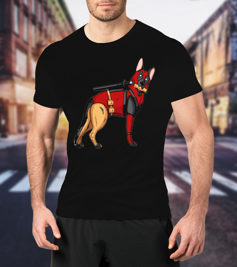 German Shepherd In Deadpool Costume With Sword And Bone T-Shirt