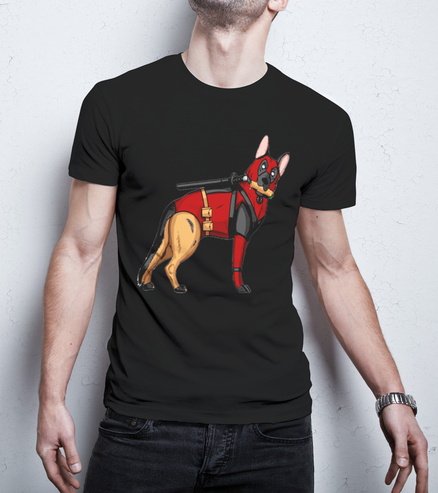 German Shepherd In Deadpool Costume With Sword And Bone T-Shirt