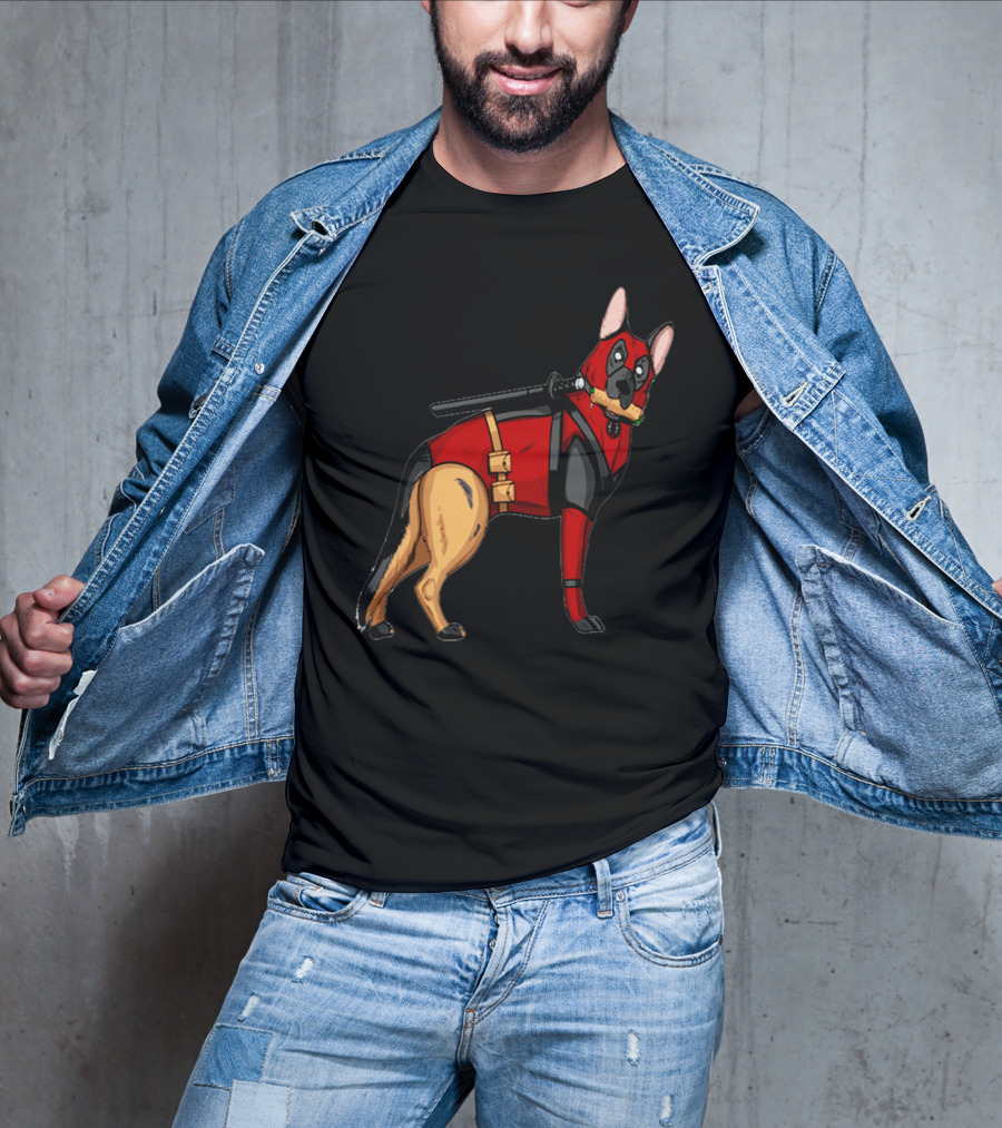 German Shepherd In Deadpool Costume With Sword And Bone T-Shirt