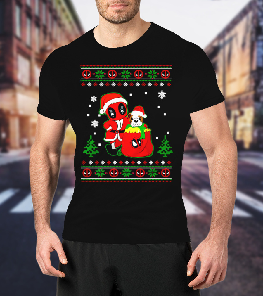Deadpool Bulldog Christmas Santa Ugly Sweater Snowflakes Trees T-Shirt