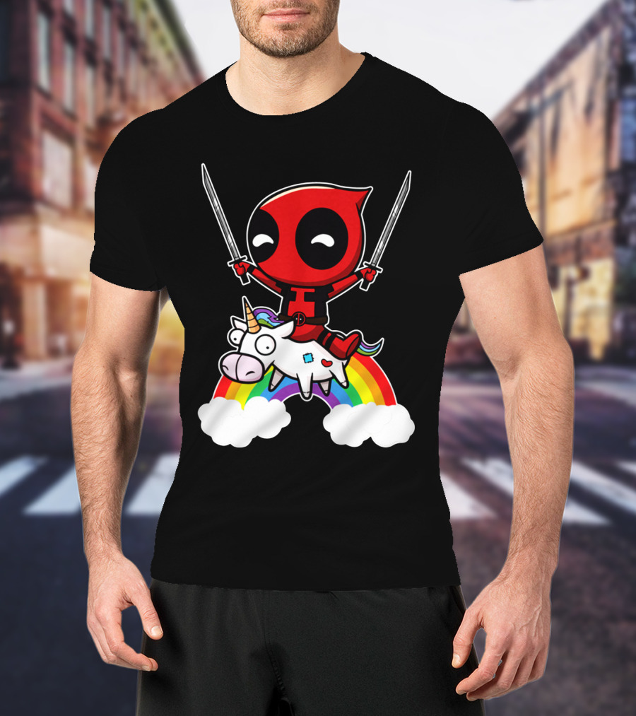 Deadpool Riding Unicorn Over Rainbow With Dual Swords T-Shirt