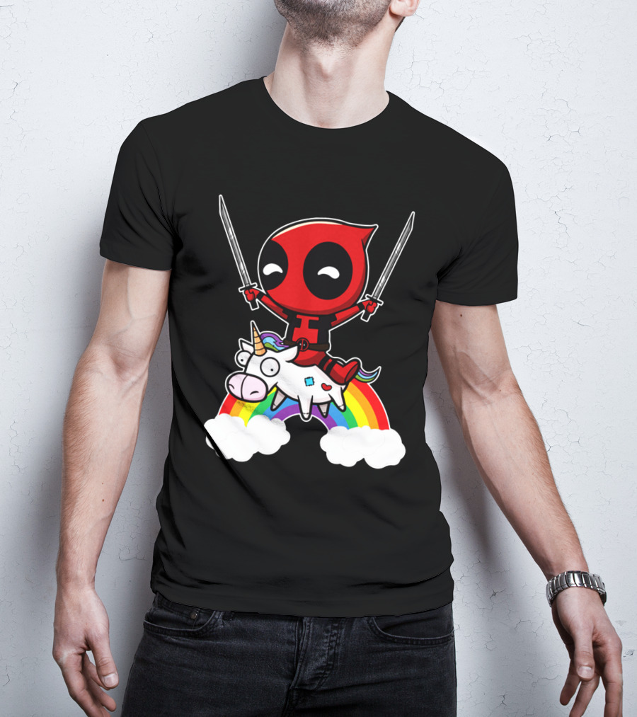Deadpool Riding Unicorn Over Rainbow With Dual Swords T-Shirt