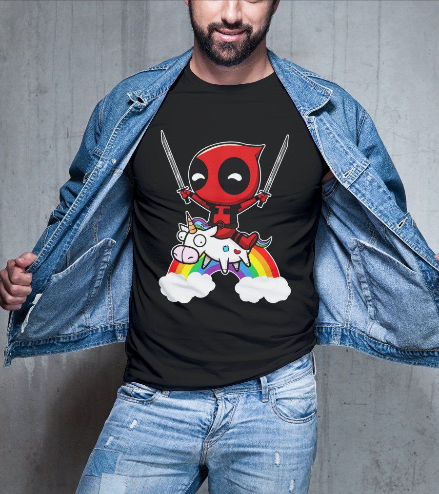 Deadpool Riding Unicorn Over Rainbow With Dual Swords T-Shirt