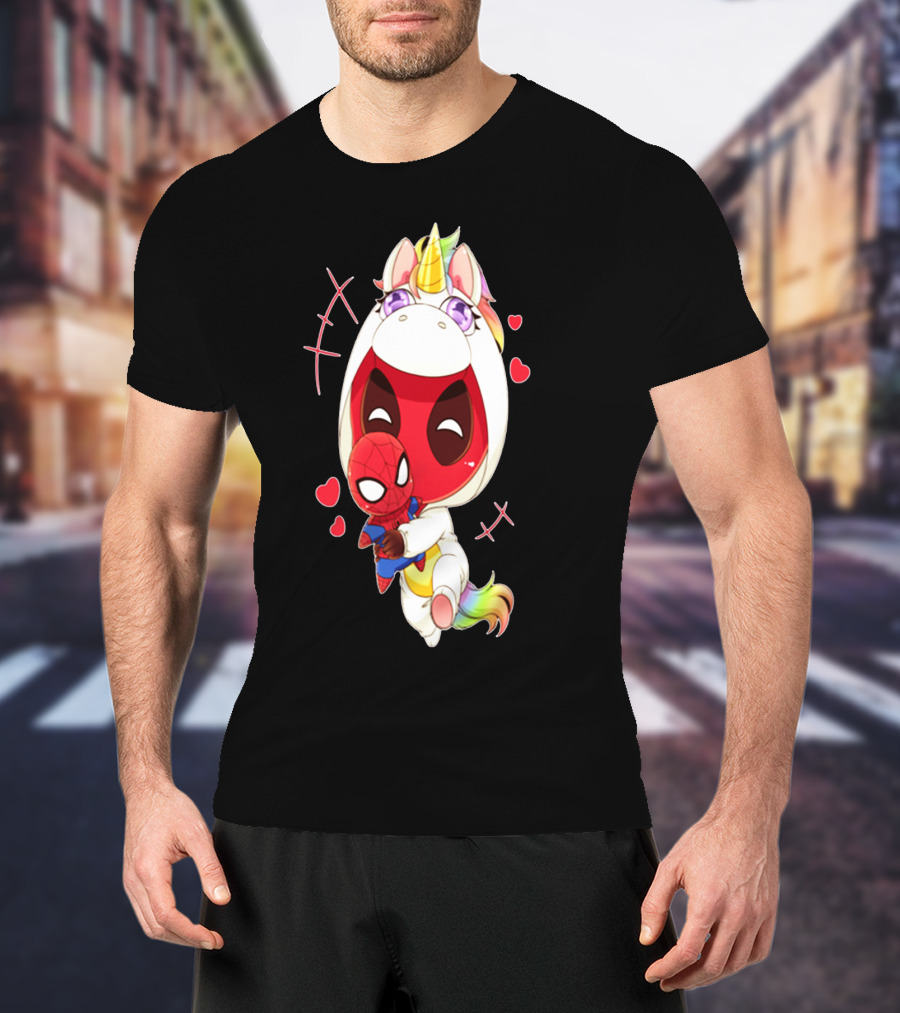 Deadpool IN Unicorn Costume Hugging Spiderman Plush With Hearts And Smiling Face T-Shirt