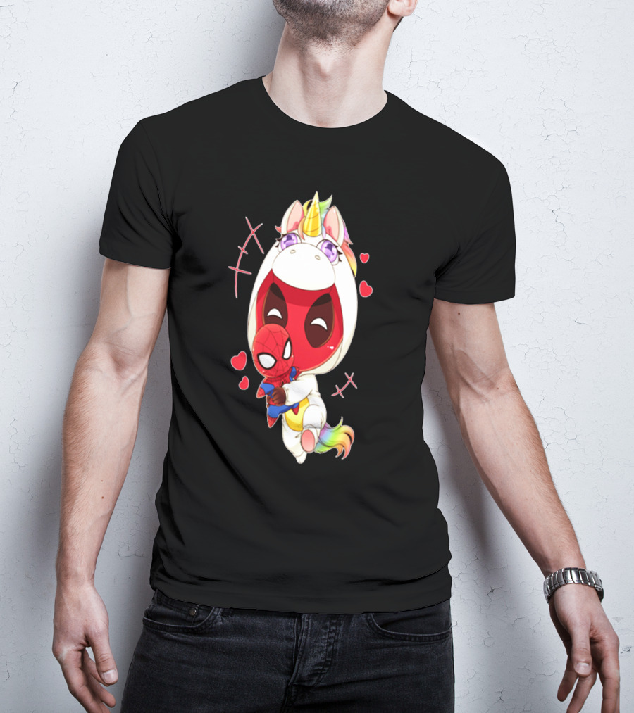 Deadpool IN Unicorn Costume Hugging Spiderman Plush With Hearts And Smiling Face T-Shirt