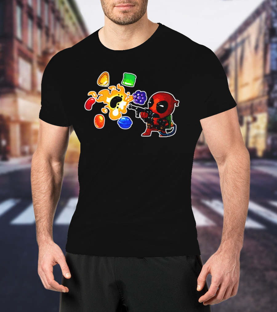 Deadpool Candy Explosion With Shooting Gun And Colorful Sweets T-Shirt