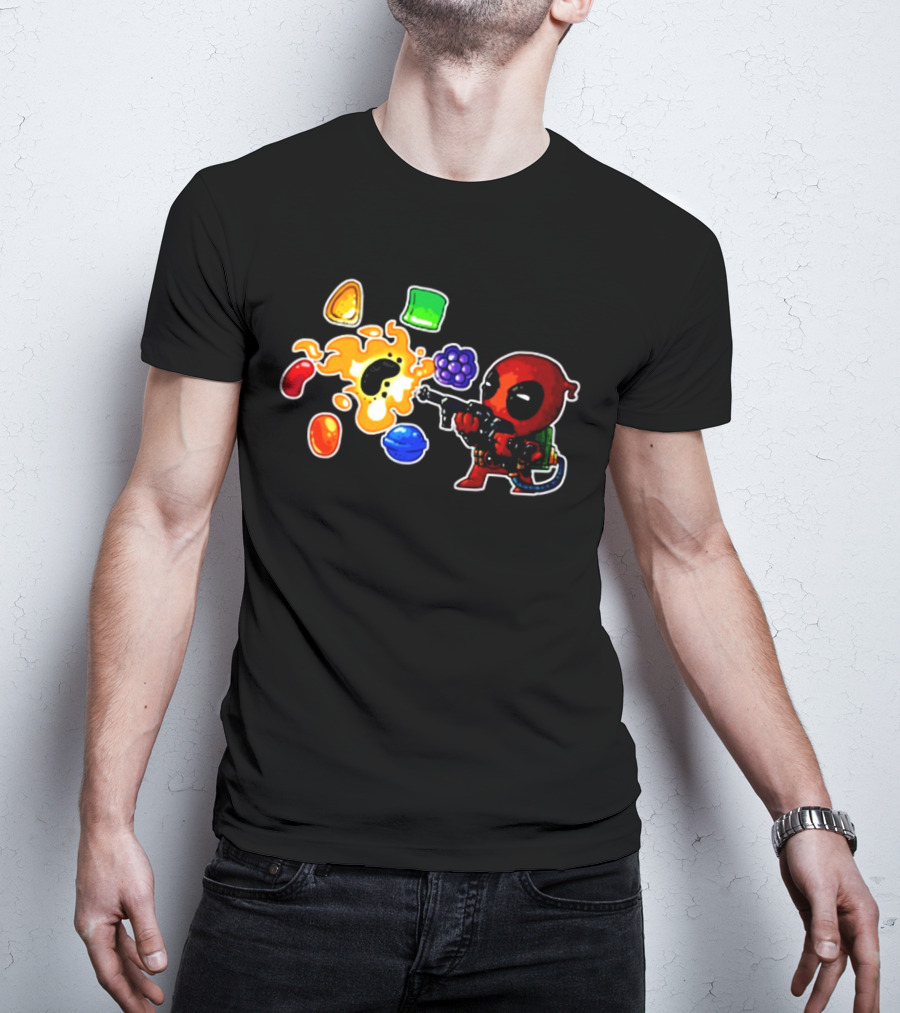 Deadpool Candy Explosion With Shooting Gun And Colorful Sweets T-Shirt