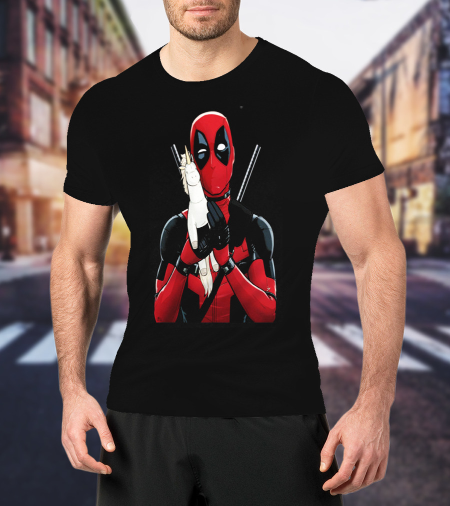 Deadpool Hugging Unicorn Toy With Iconic Red And Black Suit T-Shirt