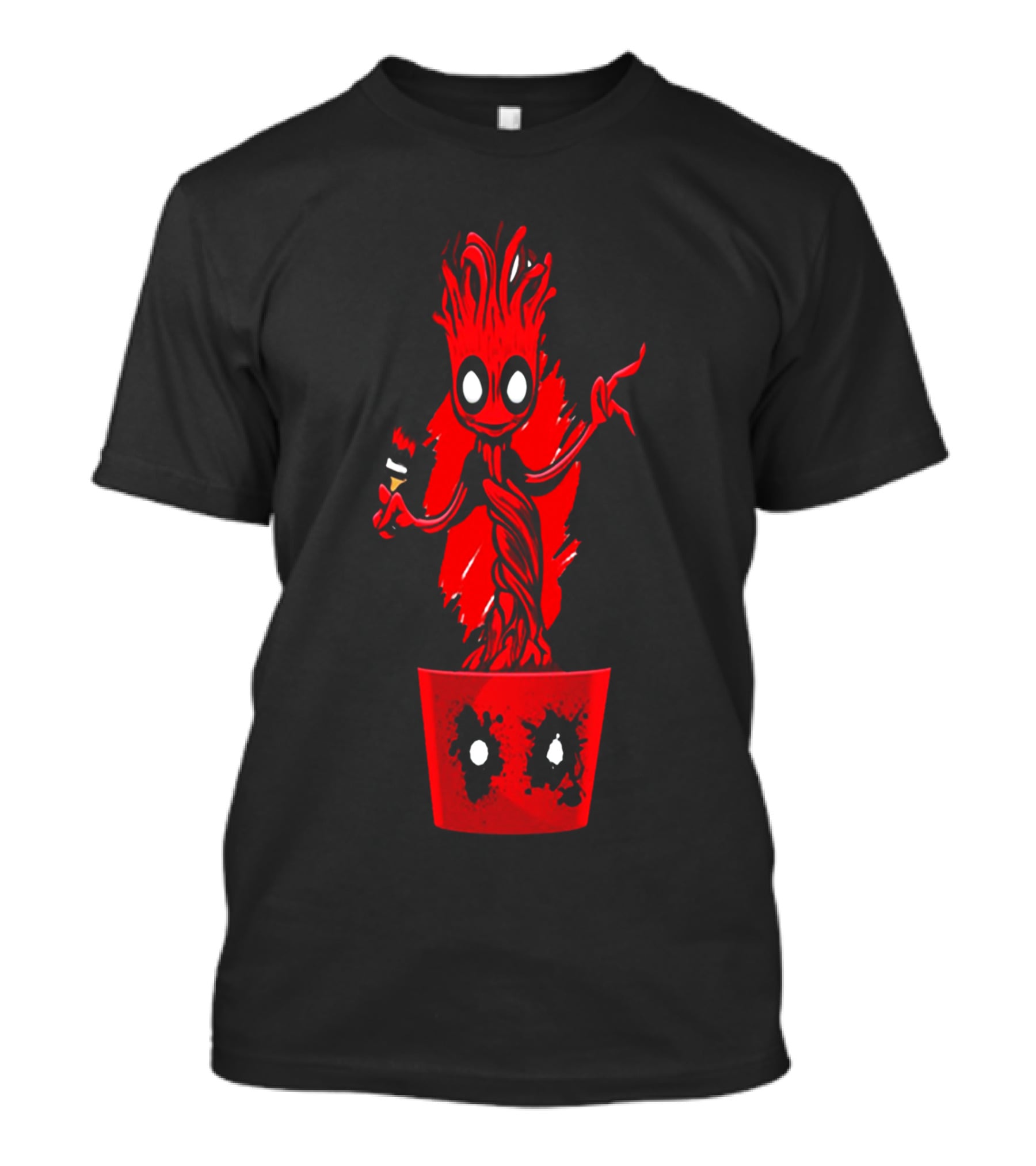Deadpool Groot Mashup With Baby Tree Holding Paintbrush In Red Pot With Comic Mask Eyes T-Shirt