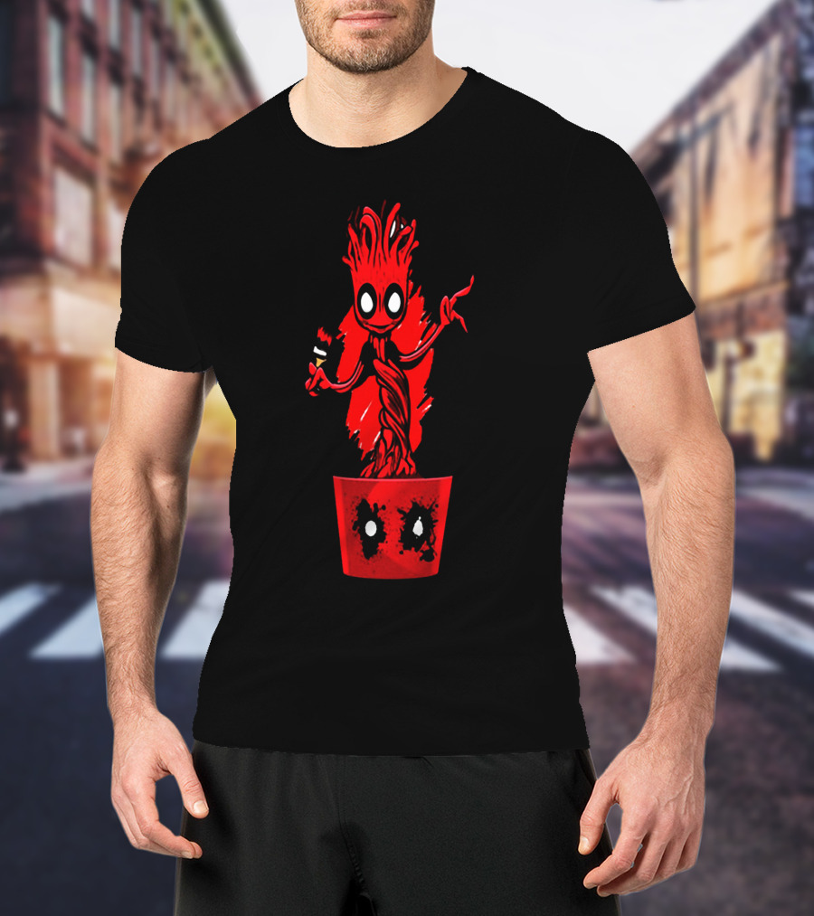 Deadpool Groot Mashup With Baby Tree Holding Paintbrush In Red Pot With Comic Mask Eyes T-Shirt