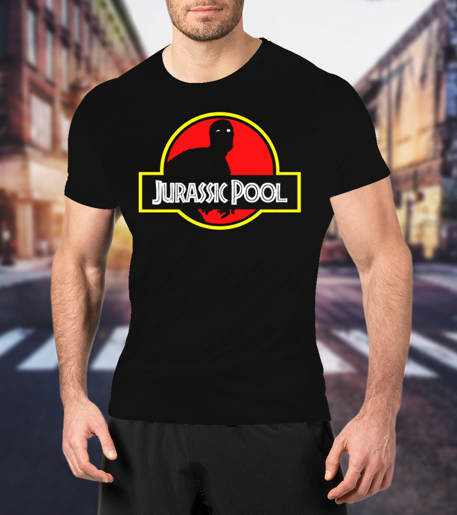 Jurassic Pool Deadpool Parody With Dinosaur Logo And Red Circle T-Shirt